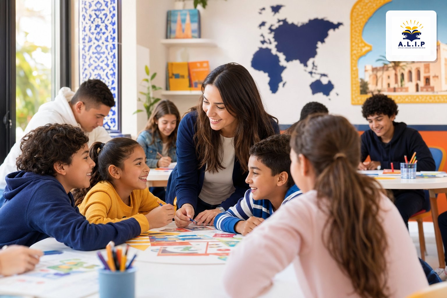 Enfants et adolescents en activité linguistique avec logo ALIP
